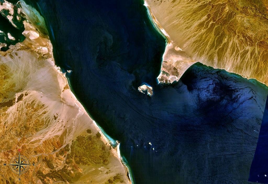 A satellite view of the Bab el-Mandeb Strait between Yemen and the Horn of Africa