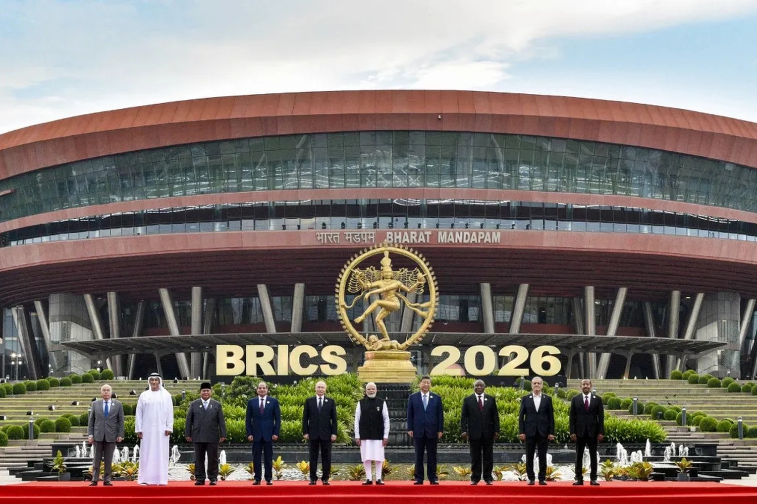 Leaders lined up outside Bharat Mandapam beneath BRICS 2026 signage