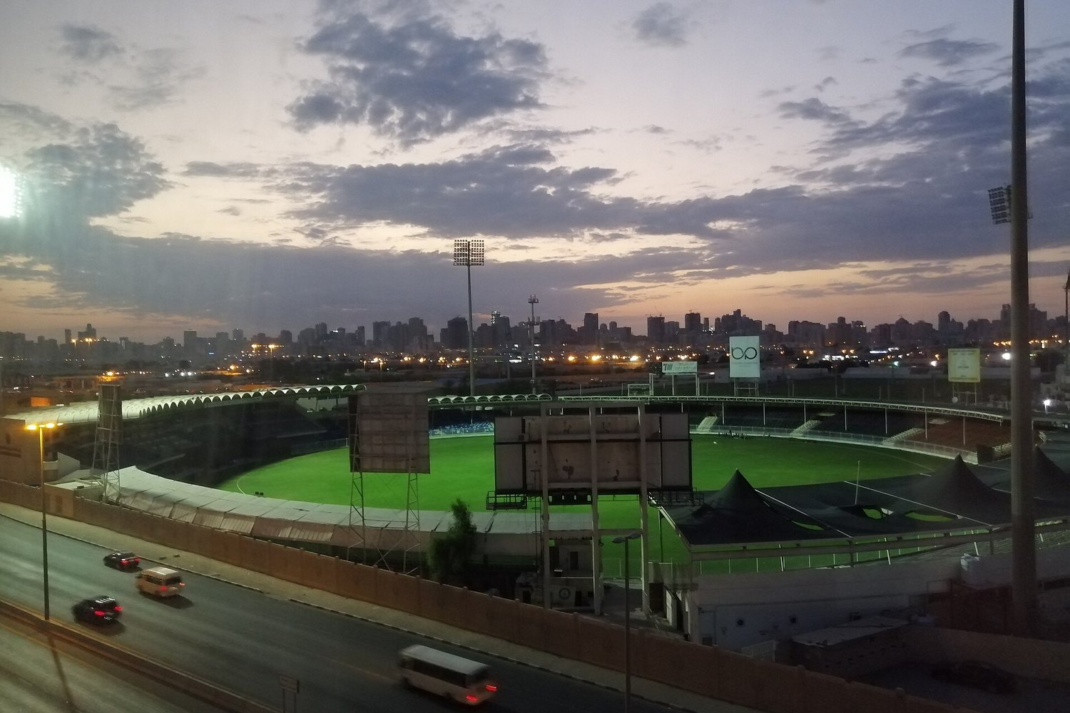 A floodlit cricket stadium