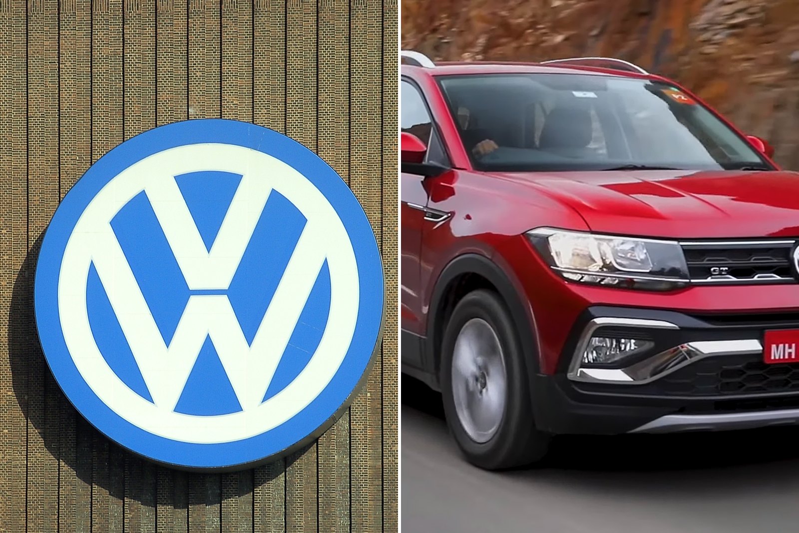 A split image: the Volkswagen roundel mounted on a building on the left, and a Volkswagen Taigun on the road on the right