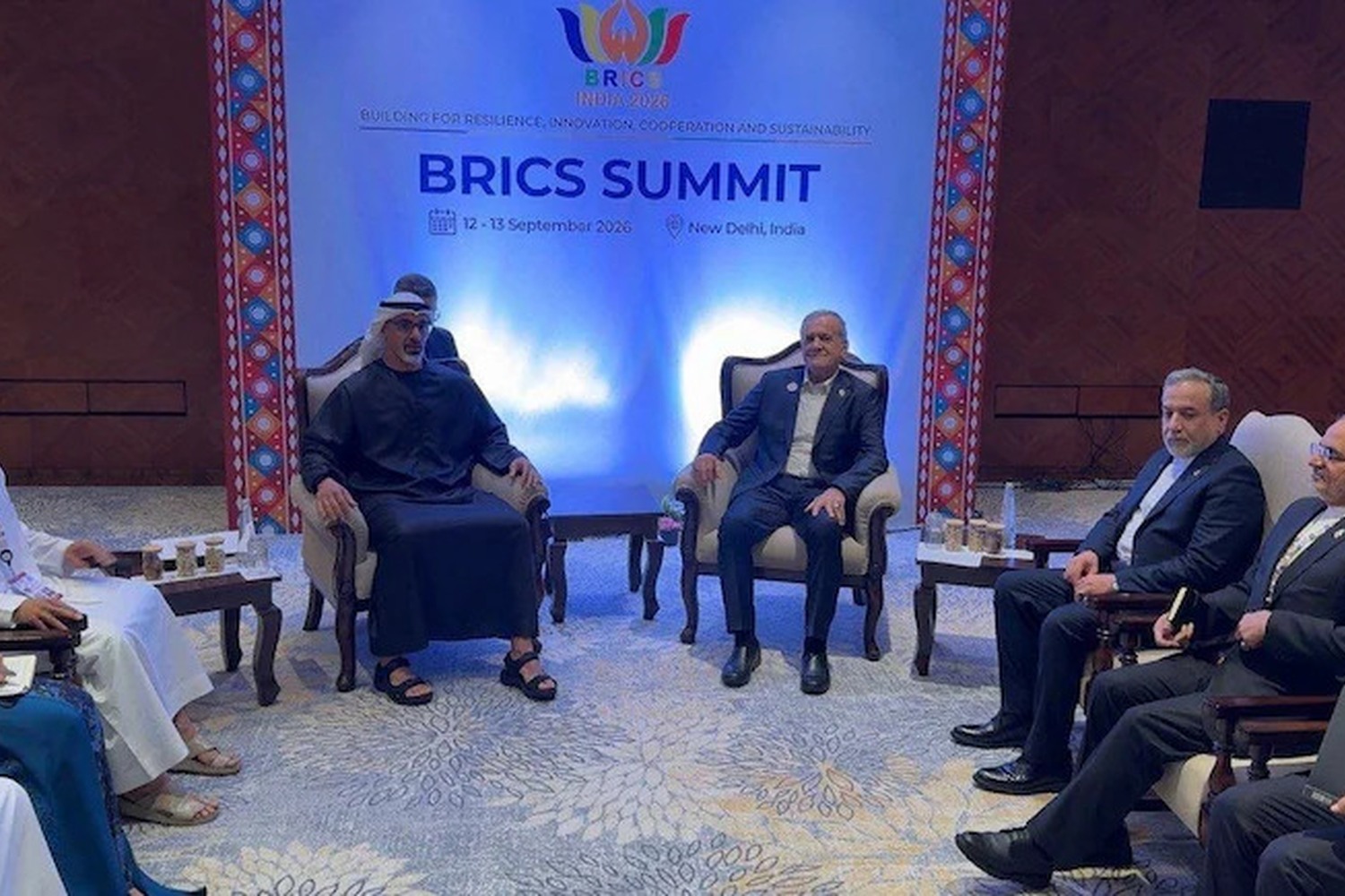 The UAE and Iranian delegations seated for a bilateral meeting at the BRICS summit