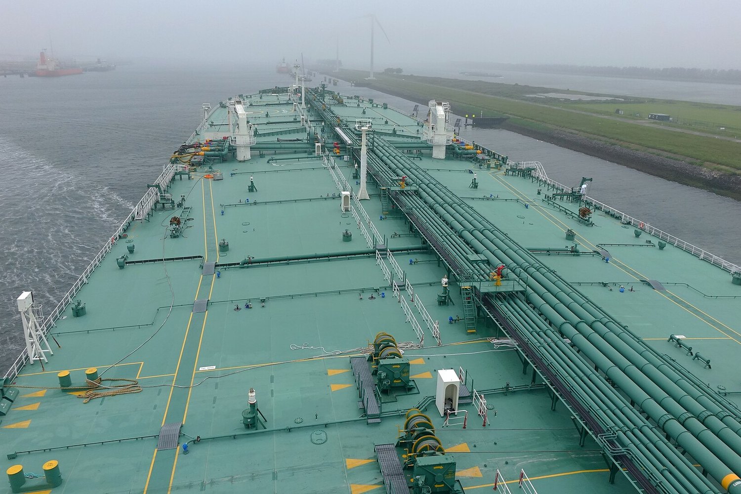 The deck of a very large crude carrier seen from the bridge