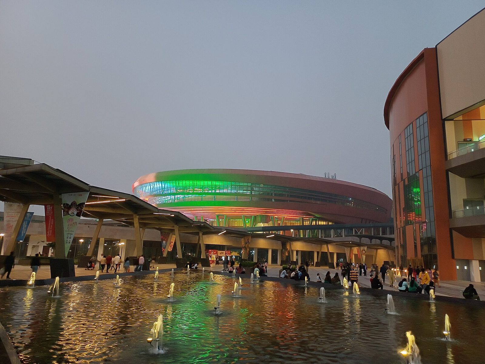 Bharat Mandapam lit up at night
