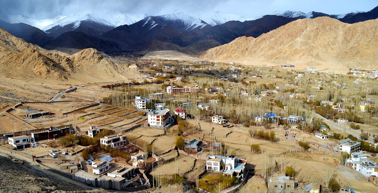 Leh town in Ladakh seen from above, ringed by mountains