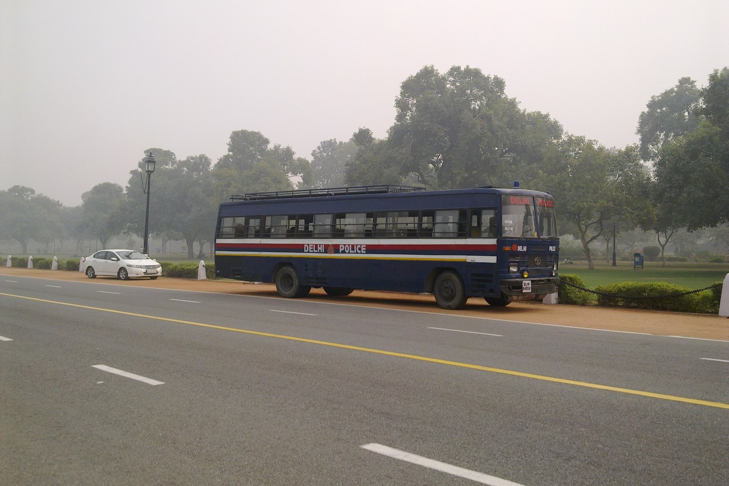 A Delhi Police bus on a road in New Delhi