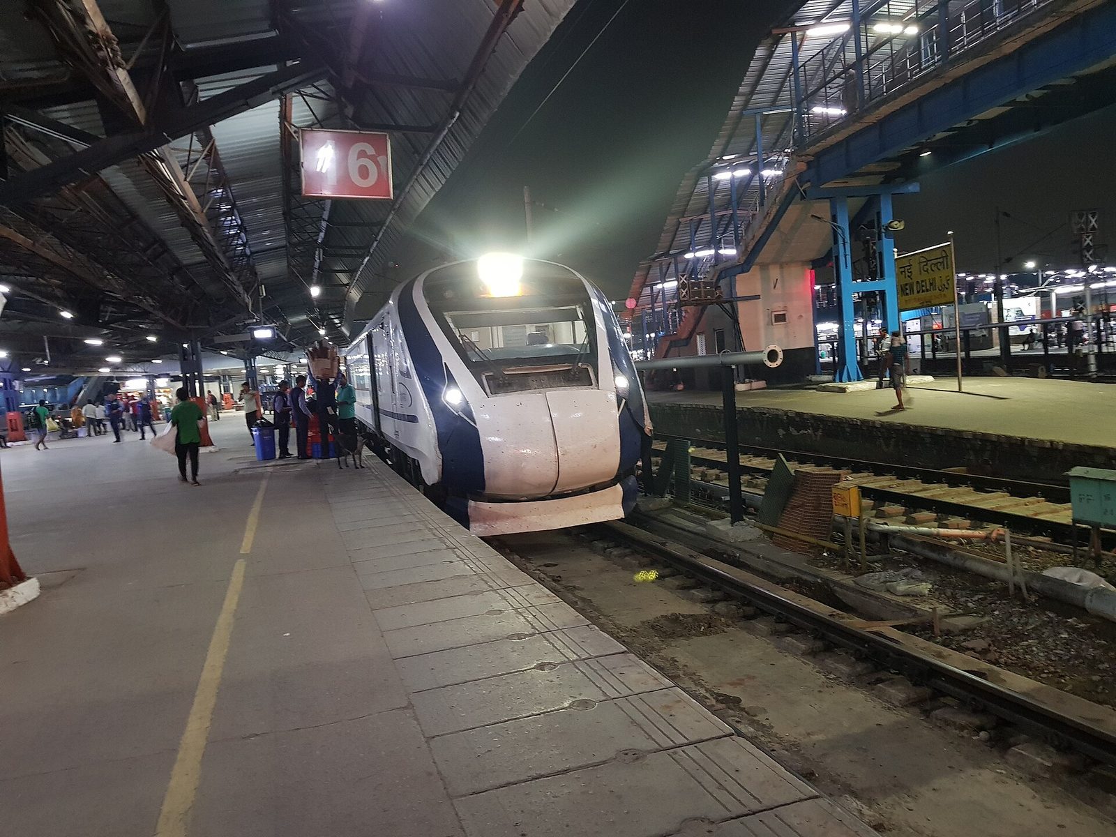 A Vande Bharat Express train at a platform in New Delhi